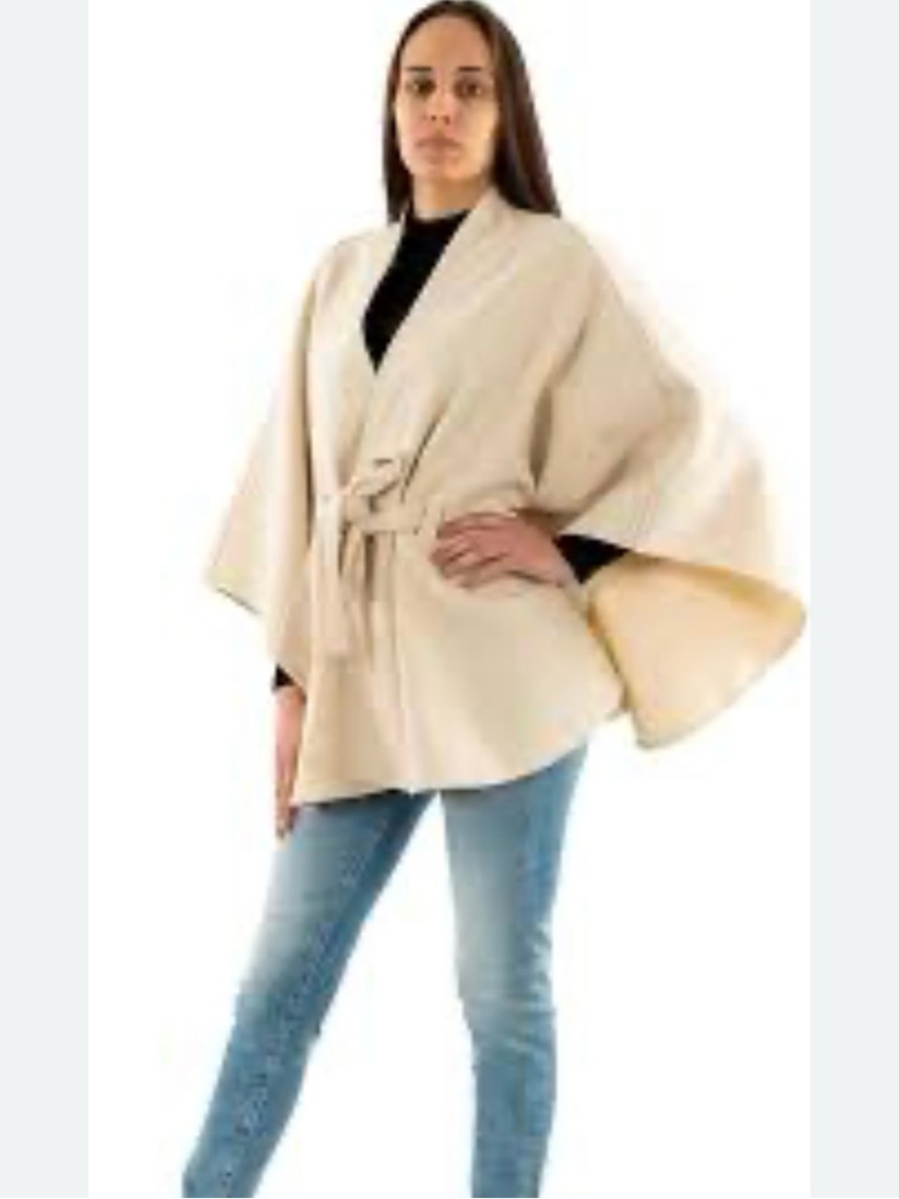 Cape coat beige Tie-Waist Shawl Cardigan Sweater - Women 14